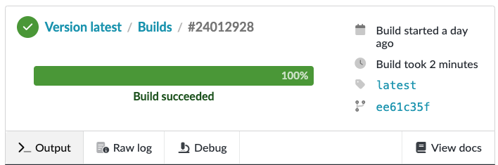 Page showing build success